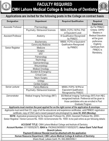 Teaching Jobs in CMH Lahore Medical College & Institute of Dentistry Lahore